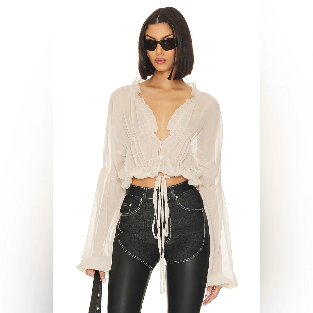 REVOLVE Cream Ruffle-Trim Tie-Front Peasant Blouse - Picture 2 of 4